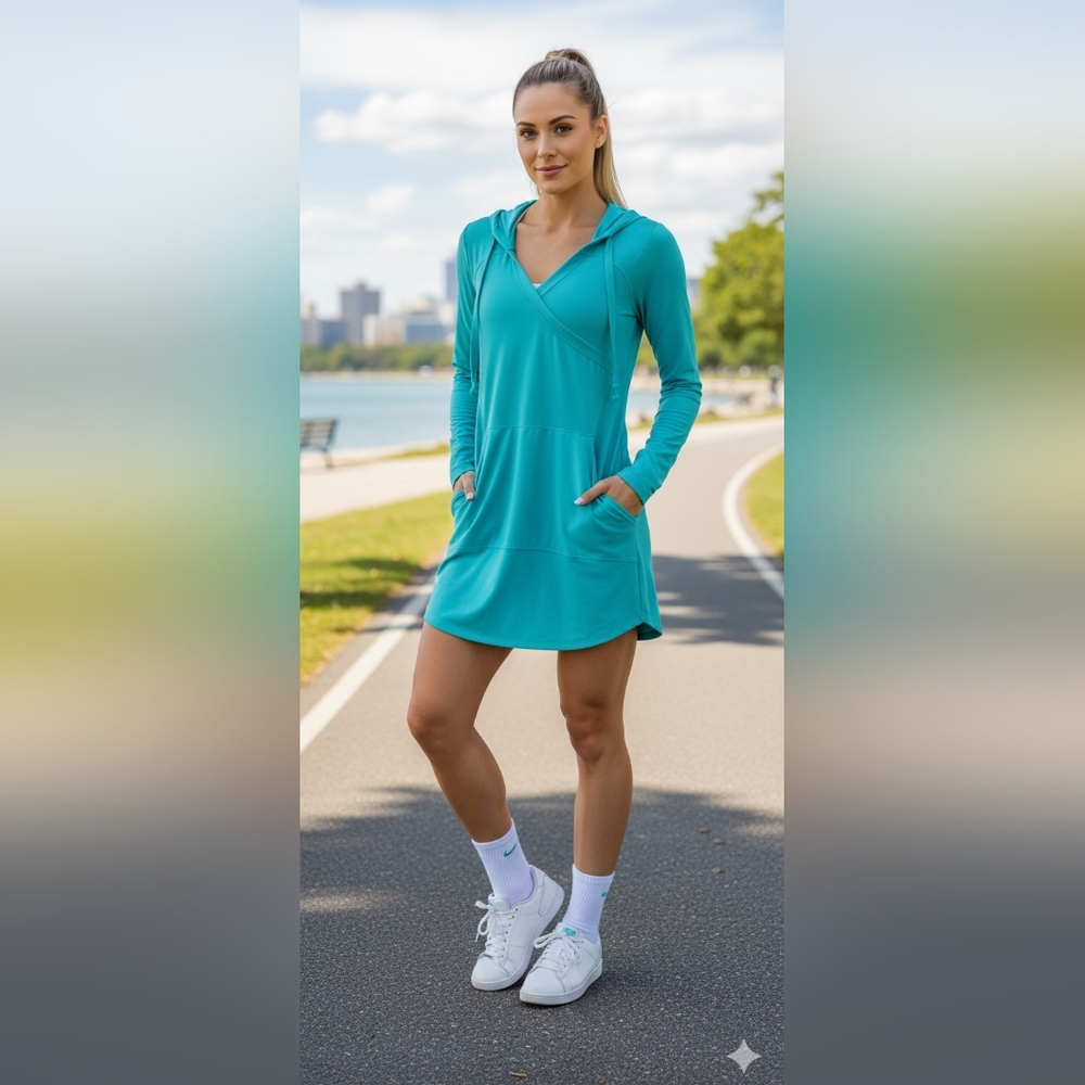Athleta Women Aqua Green Long Sleeve Hoodie Athleisure Dress Small